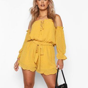Boohoo Mustard Mesh Off the Shoulder Ruffle Romper Size 20